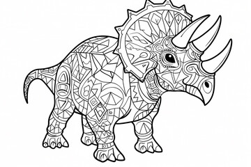 Intricate line drawing of a Triceratops, showcasing geometric patterns and details in a black and white style.