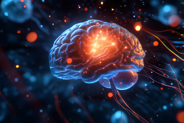 Fototapeta premium A vibrant, digital representation of a brain with glowing neural connections.