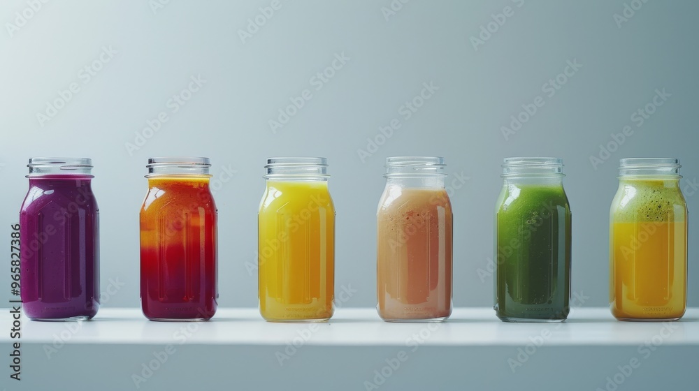 Poster assorted colorful smoothies in glass jars on a white table
