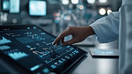 Closeup of a researcher s hand adjusting graphs on a touch screen, strategy development in a lab