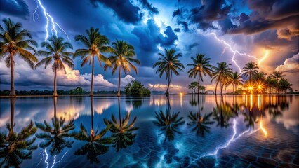 Stormy tropical night vacation scenery with palm trees and illuminated reflections, stormy, tropical, night, vacation