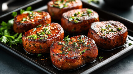 A close-up of six grilled pork tenderloin medallions garnished with freshly chopped herbs and sesame seeds, placed on a black tray. The meat appears moist and well-seasoned.