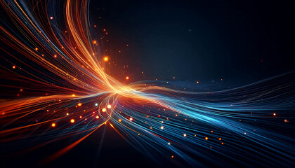 Abstract dynamic flowing lines in vibrant orange blue hues composition evokes a feeling of motion and light suggesting a digital or futuristic theme against a dark background