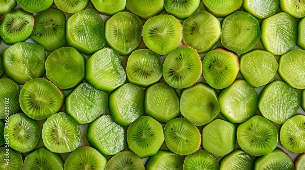 Poster bright green kiwi fruit pieces arranged in a pattern emphasizing texture