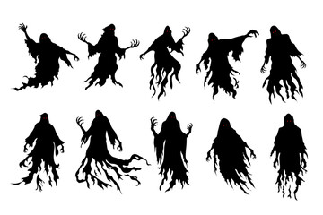 Silhouette of flying evil spirit wearing Black Cloaks in vector style collection. Graphic resource about ghost and fantasy.