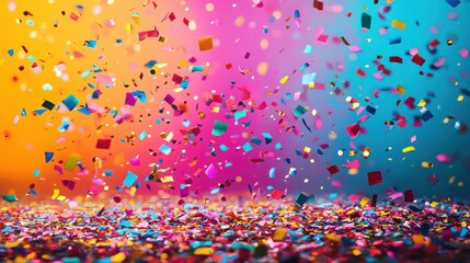 Colorful confetti bursts against a vibrant gradient background during a festive celebration