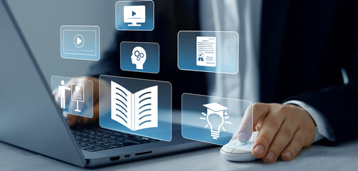 Digital internet lessons and online webinar on virtual screen.E-learning education.Education...
