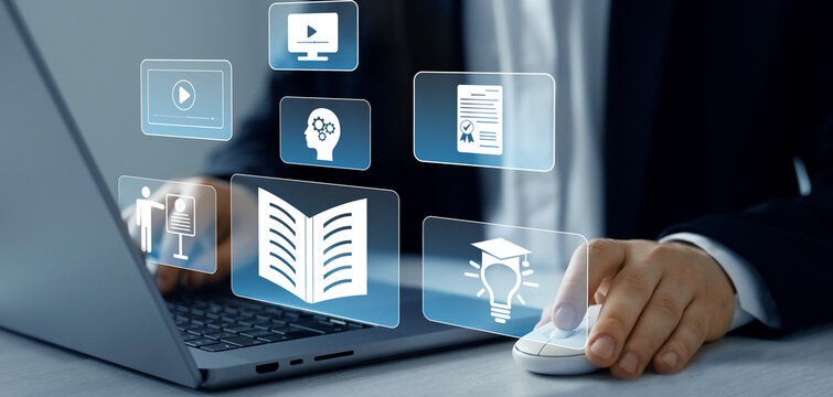 Digital internet lessons and online webinar on virtual screen.E-learning education.Education internet Technology.Business person who attends online lessons on a digital technology screen.
