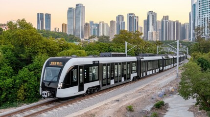 An ultra-luxury maglev train speeds along an elevated track against a vibrant sunset, surrounded by skyscrapers and lush green vegetation in the valley below