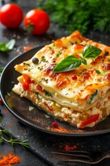 Classic Lasagna with Bechamel Sauce, Fresh Basil, and Tomatoes on Rustic Plate, Italian Cuisine