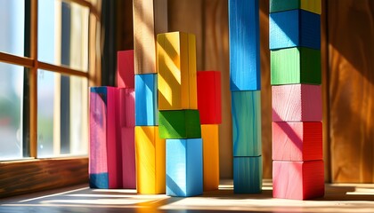 Vibrant wooden blocks create a whimsical cityscape, illuminated by sunlight streaming through the window and casting warm, playful shadows.