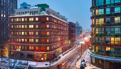 A city apartment building in America during Christmas.
