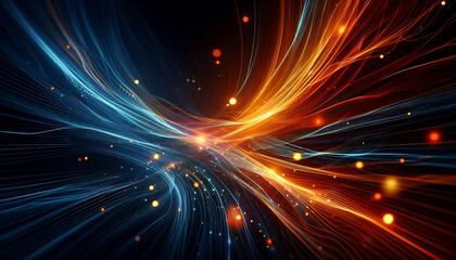 Abstract dynamic flowing lines in vibrant orange blue hues composition evokes a feeling of motion and light suggesting a digital or futuristic theme against a dark background