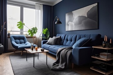 Dark blue sofa and recliner chair room architecture furniture.