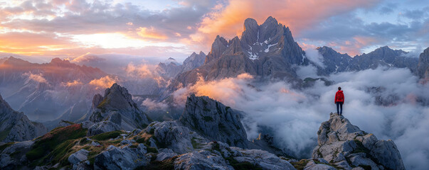 Hiker overlooking a majestic mountain range at sunrise