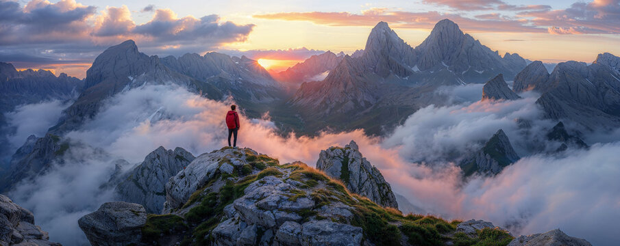 Explorer gazing upon a sunrise peak in dense summer fog