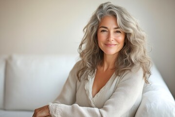 Naklejka premium Happy Mature Woman Smiling on White Couch
