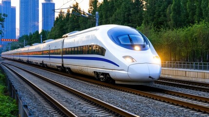 Fototapeta premium An ultra-luxury maglev train speeds along an elevated track against a vibrant sunset, surrounded by skyscrapers and lush green vegetation in the valley below