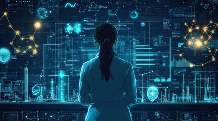 Digital visualization of research data, strategic planning for innovation, futuristic science lab