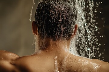 Close-Up of Young Man Showering from Behind