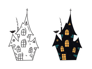 Hand drawn vector creepy haunted black house with ghosts, cross and bat flying around with yellow window light. Sketch illustration in doodle engraved vintage line art style. Halloween coloring book