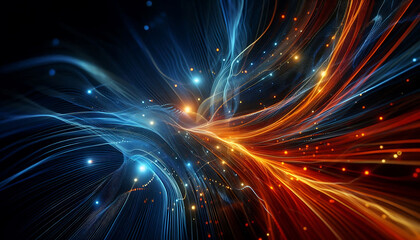 Fototapeta premium Abstract dynamic flowing lines in vibrant orange blue hues composition evokes a feeling of motion and light suggesting a digital or futuristic theme against a dark background