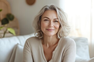 Naklejka premium Smiling Mature Woman Close-Up in Modern Setting