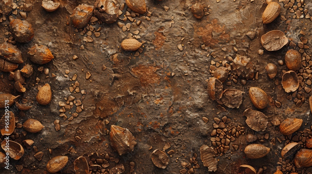 Poster close-up of a textured surface covered with scattered peanuts in their shells, highlighting the natu