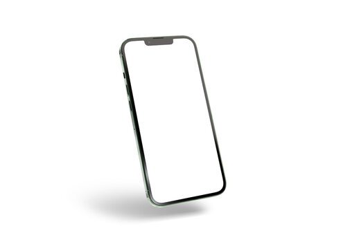 PARIS - France - April 28, 2022: Newly released Apple Smartphone Iphone 13 pro max realistic 3d rendering - Alpine Green color front screen mockup - Smartphone floating on white background