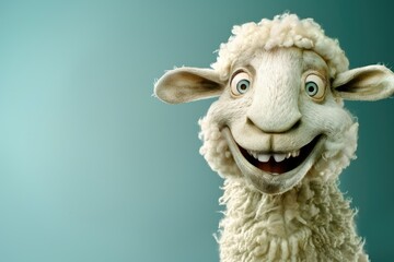 Humorous Cartoon Sheep with Big Eyes and Wide Smile in Close-Up