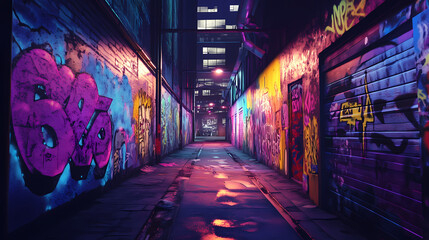 Fototapeta premium Street by night with colorful graffiti on the wall. Graffiti. Illustration