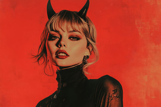 Vintage style illustration of a woman dressed as a halloween devil
