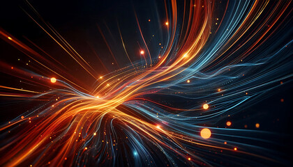 Abstract dynamic flowing lines in vibrant orange blue hues composition evokes a feeling of motion and light suggesting a digital or futuristic theme against a dark background