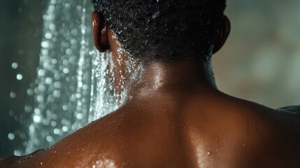 African American Man Showering, Rear Perspective Portrait