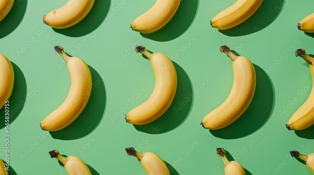 Poster fresh bananas arranged in a pattern on a vibrant green background