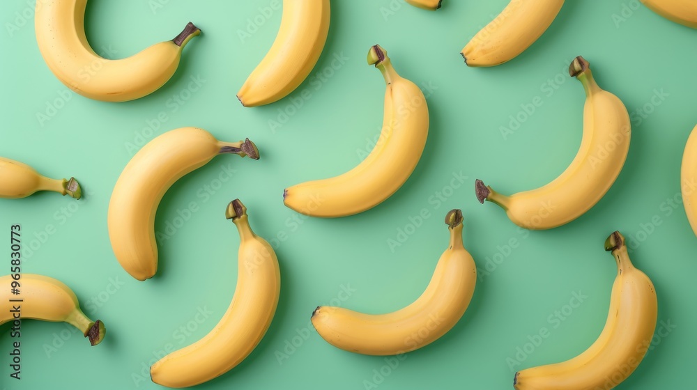 Poster fresh bananas arranged in a pattern on a vibrant green background