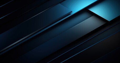 A sleek, modern abstract design featuring layered geometric shapes in dark tones with blue highlights.