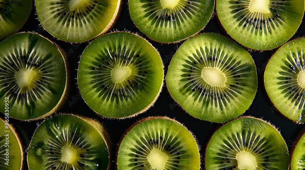 Poster fresh kiwi fruit halves arranged neatly with detailed texture visible