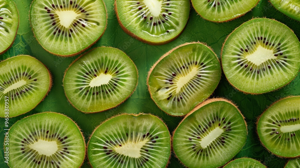 Poster fresh kiwi fruit halves arranged neatly with detailed texture visible