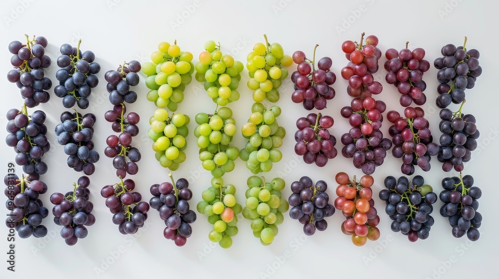 Poster Grapes of different varieties and colors spread out evenly on a flat surface