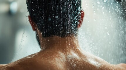 Modern Bathroom: Young Man Showering Rear View