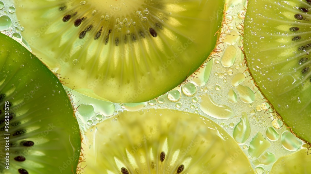 Poster kiwi fruit cut into quarters with soft and fuzzy skin visible