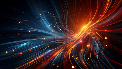 Abstract dynamic flowing lines in vibrant orange blue hues composition evokes a feeling of motion and light suggesting a digital or futuristic theme against a dark background