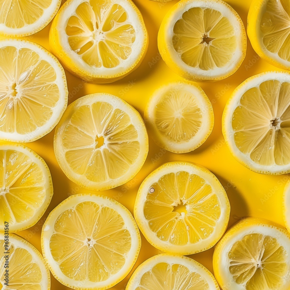 Poster Lemon background with a simple and clean layout featuring sliced lemons arranged in a pattern, highlighting the bright yellow color and juicy interior of the fruit