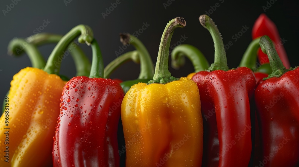 Poster multiple chili peppers with their stems intact, showing a shiny texture and vibrant colors
