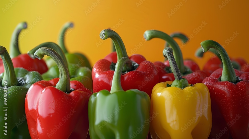 Poster multiple chili peppers with their stems intact, showing a shiny texture and vibrant colors