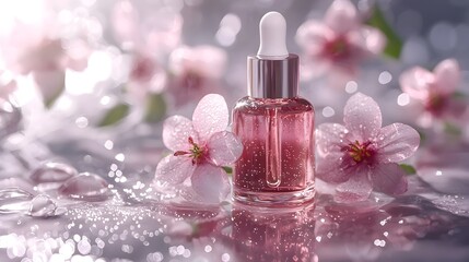 Elegant and Hyper-Detailed Organic Facial Serum with Fresh Flowers in Glass Bottle