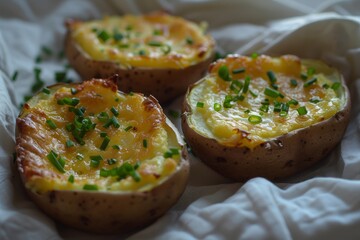 Three Baked Potatoes With Melted Cheese, Green Onions, And Spices On Rustic White Cloth