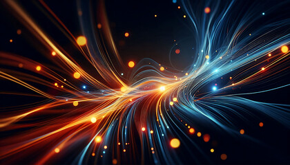 Abstract dynamic flowing lines in vibrant orange blue hues composition evokes a feeling of motion and light suggesting a digital or futuristic theme against a dark background