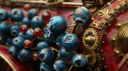 vintage background,blackberries, blueberries, blueberries, berries, products, enginer, generative, ai, steampunk, background, clockwork, brooch, blue, goold, 